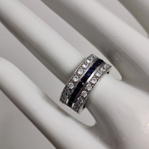 Dazzling Three Row Sterling Silver Band Ring 💍with CZ and Sapphires - Picture 4 of 15
